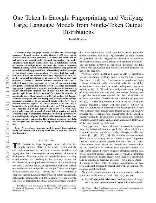 One Token Is Enough: Fingerprinting and Verifying Large Language Models from Single-Token Output Distributions